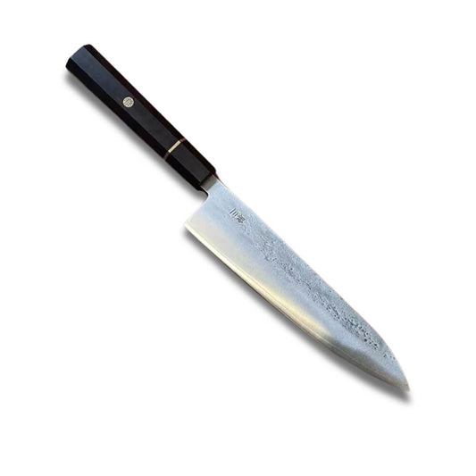 Chef Knife Gyuto 8.2" - Stainless Silver Steel #3 -  Golden Ring with Black Ebony Handle