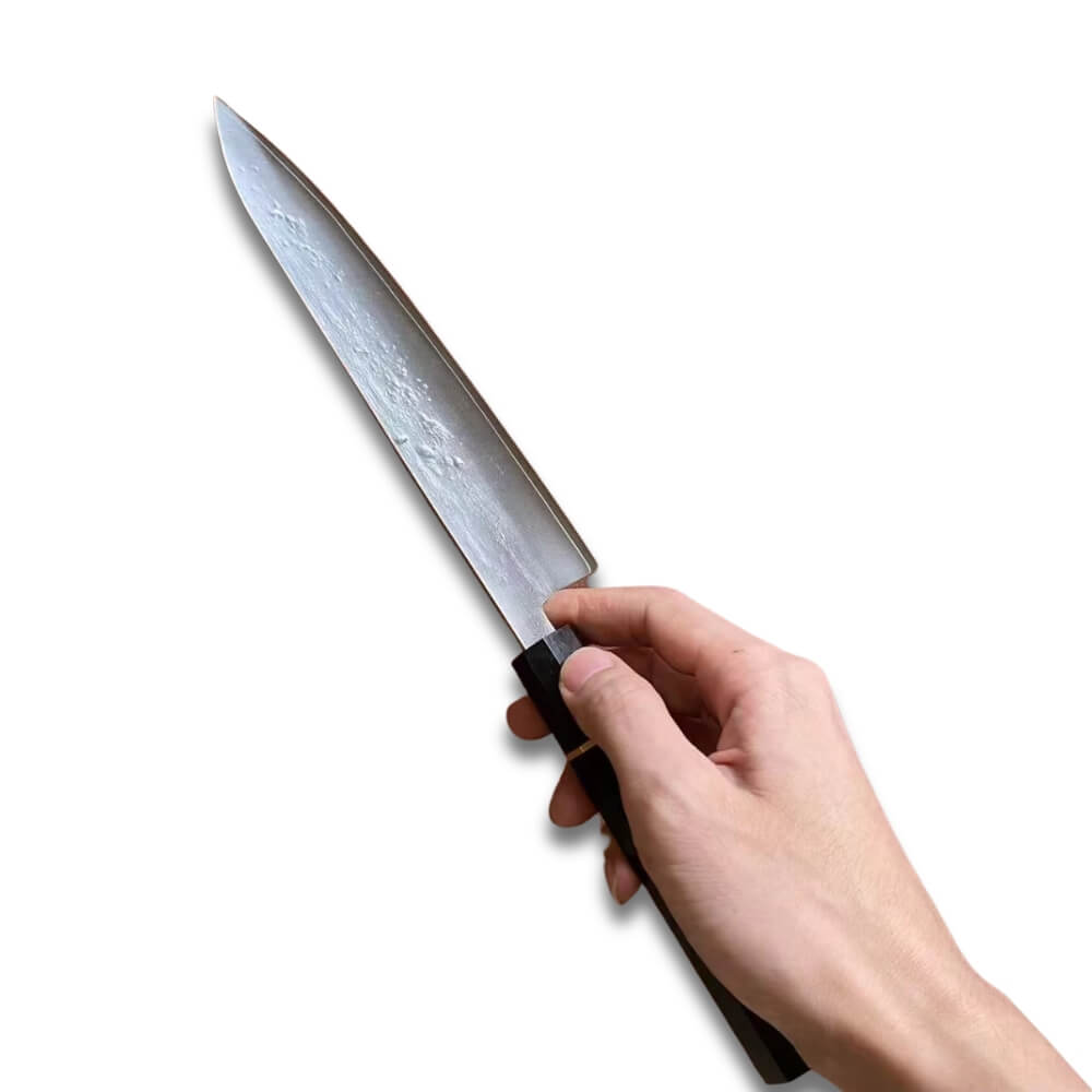 Chef Knife Gyuto 8.2" - Stainless Silver Steel #3 -  Golden Ring with Black Ebony Handle