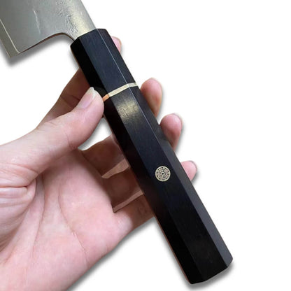 Chef Knife Gyuto 8.2" - Stainless Silver Steel #3 -  Golden Ring with Black Ebony Handle