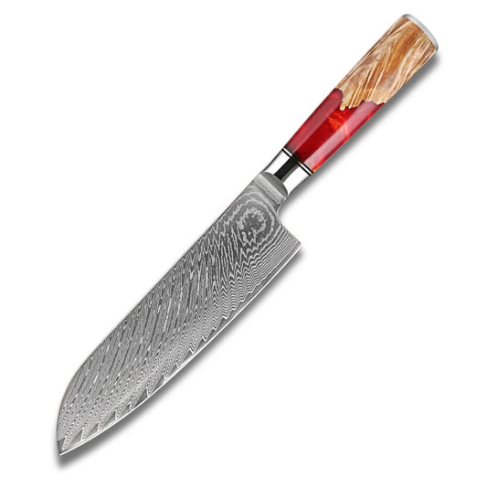 Chef Knife Santoku 7" - VG10 Damascus Steel - Red Resin Wood Handle