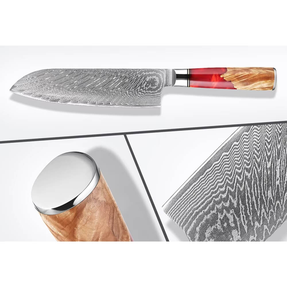 Chef Knife Santoku 7" - VG10 Damascus Steel - Red Resin Wood Handle