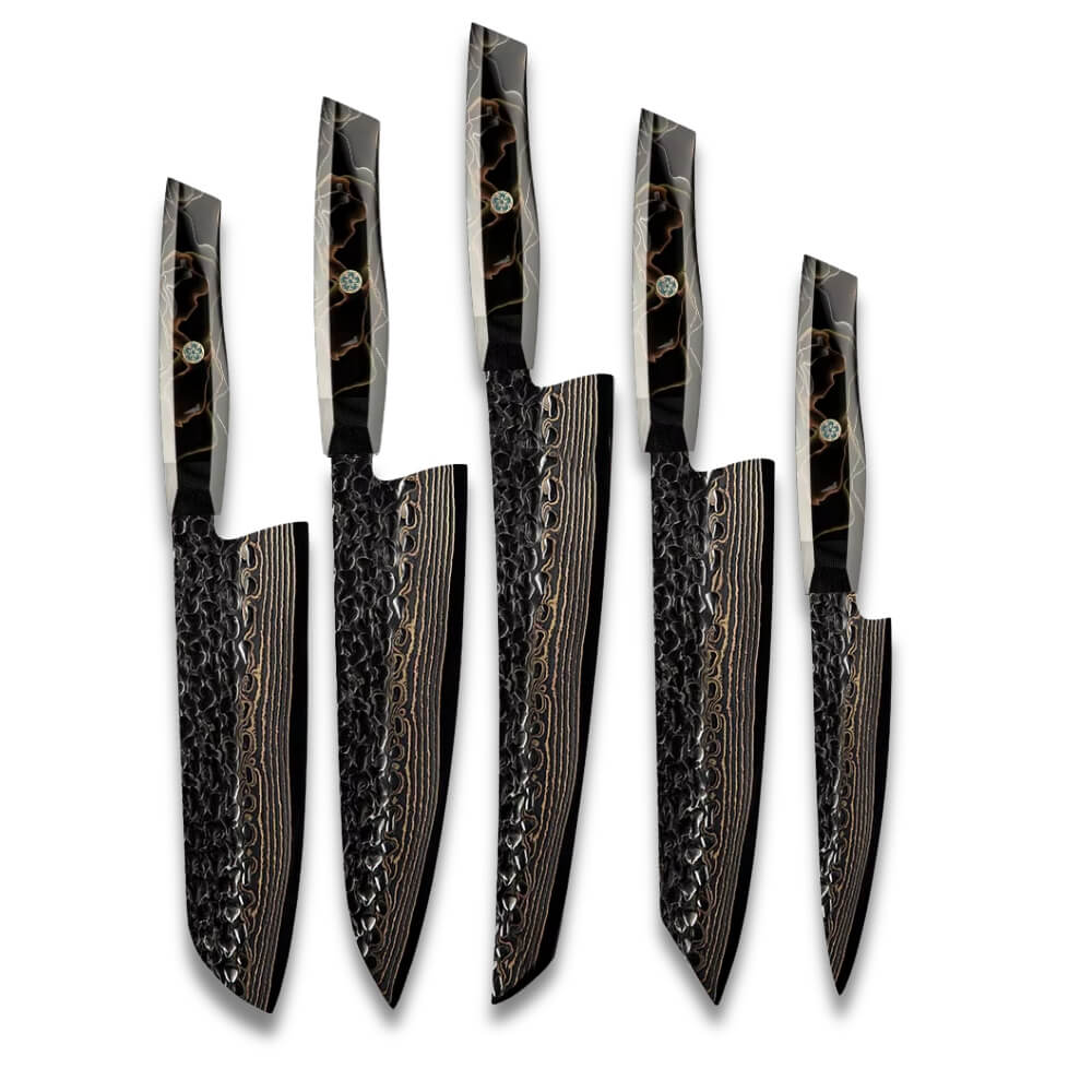 Knife Set - Copper SUS410 Damascus Steel - Copper Mesh Black Resin Handle