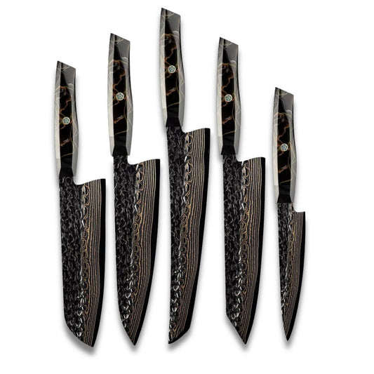 Knife Set - Copper SUS410 Damascus Steel - Copper Mesh Black Resin Handle