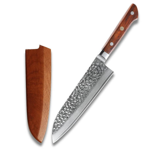 Santoku 7" with Sheath - 10Cr15Co Damascus Steel - Classic Rosewood Handle