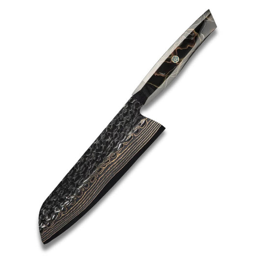 Santoku 7" - Copper SUS410 Damascus Steel - Copper Mesh Dark Resin Handle