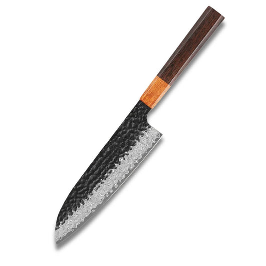 Santoku Knife 7" - 316L Damascus Steel - Brown Rosewood Octagonal Handle