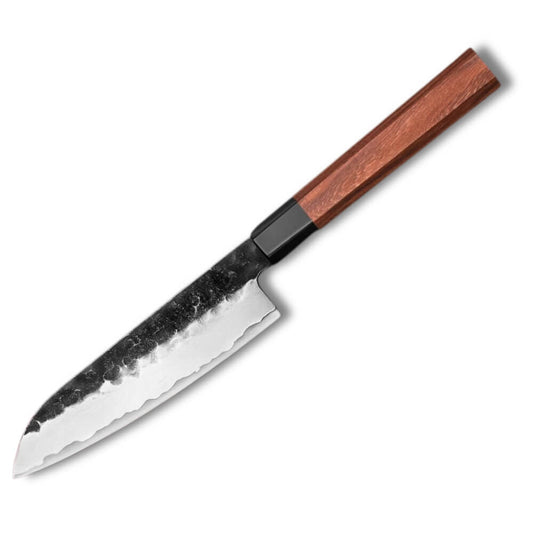 Santoku 5.5" -  10CR15CO Stainless Steel - Red Wood & Black Horn Handle